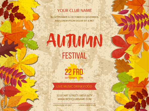 Autumn festival background. Invitation banner with fall leaves. Vector illustration