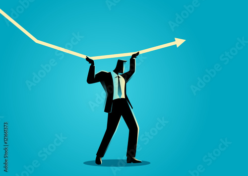 Businessman trying to hold the decreasing graphic chart