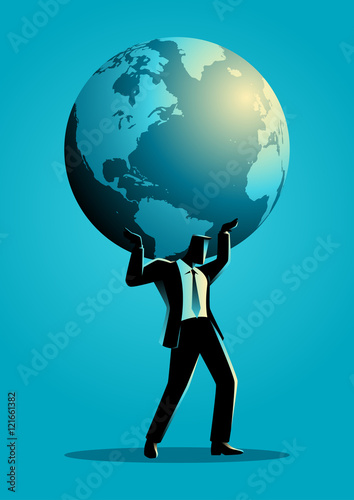 Businessman carrying globe on his shoulder