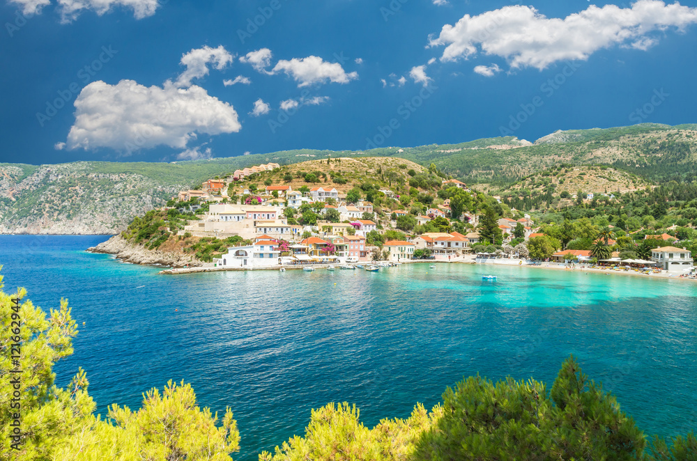 Assos on the Island of Kefalonia in Greece. View of beautiful bay of Assos village, Kefalonia island, Greece
