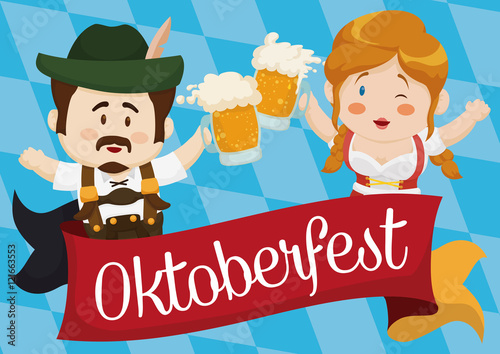 Traditional Bavarian Couple Toasting with Beer in Oktoberfest, Vector Illustration