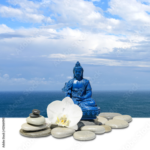 Feng-Shui background-Blue Medicine Buddha Bhaisajyaguru,zen stone,white orchid flowers, sea and sky