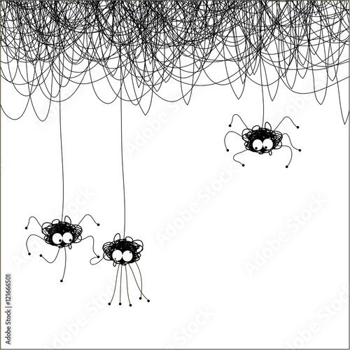 Illustration . There are three spider hanging on spiderweb.
