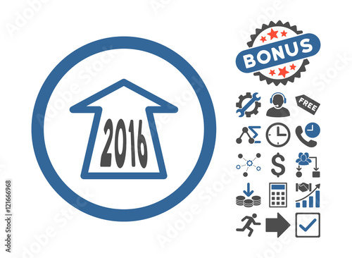 2016 Ahead Arrow icon with bonus design elements. Vector illustration style is flat iconic bicolor symbols, cobalt and gray colors, white background.