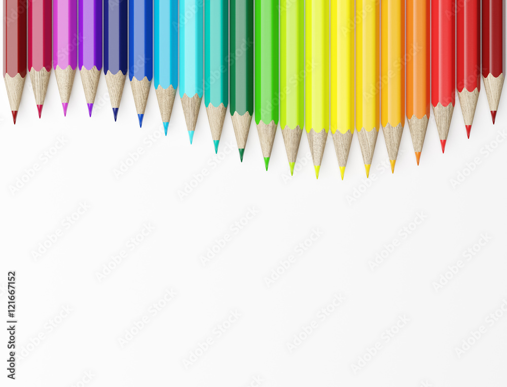 Wave line of colored pencils over white background. Top view. 3d rendering Wave line of colored pencils over white background. Top view. 3d rendering