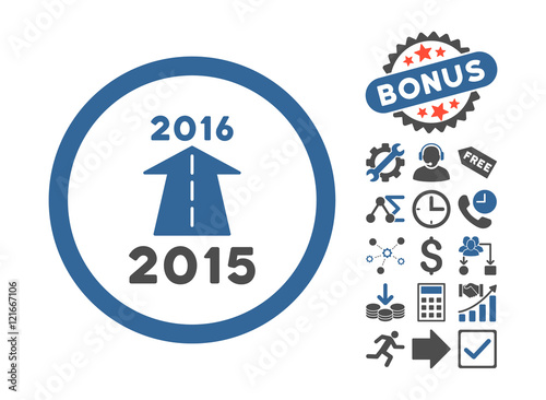 2016 Future Road pictograph with bonus clip art. Vector illustration style is flat iconic bicolor symbols, cobalt and gray colors, white background.