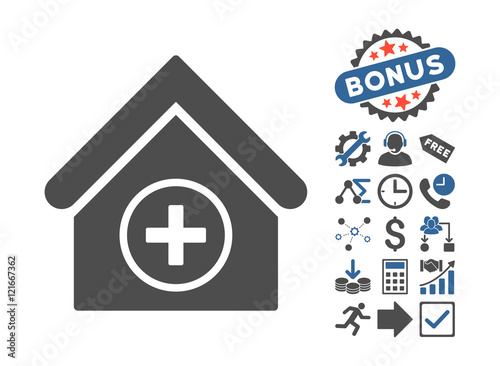 Add Building icon with bonus images. Vector illustration style is flat iconic bicolor symbols, cobalt and gray colors, white background.