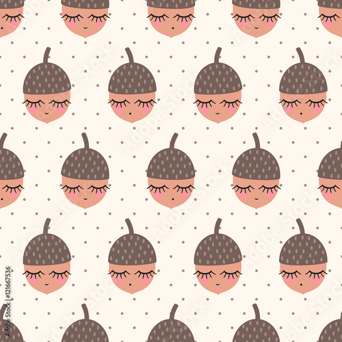 Acorns seamless pattern on polka dots background. Child drawing style nature background. Design for textile, wallpaper, fabric, print on baby's clothes.