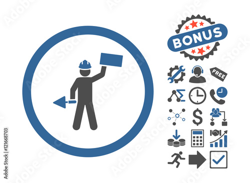 Builder With Shovel icon with bonus pictogram. Vector illustration style is flat iconic bicolor symbols, cobalt and gray colors, white background.