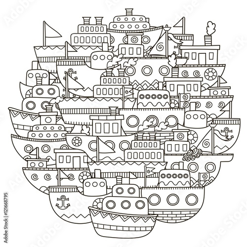 Circle shape pattern with cute doodle boats for coloring book