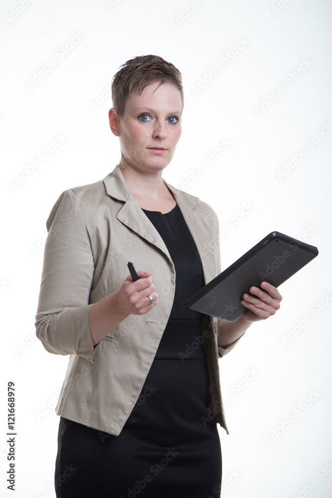female with tablet computer and smartphone