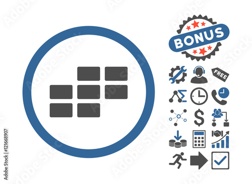 Calendar Grid pictograph with bonus pictures. Vector illustration style is flat iconic bicolor symbols, cobalt and gray colors, white background.