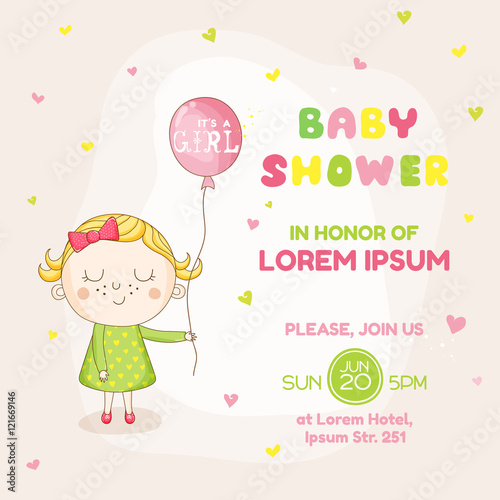 Baby Girl with a Balloon - Baby Shower or Arrival Card - in vector