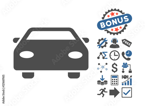 Car pictograph with bonus pictures. Vector illustration style is flat iconic bicolor symbols, cobalt and gray colors, white background.
