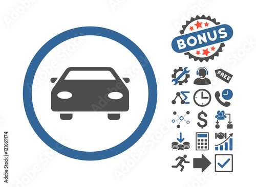 Car icon with bonus pictogram. Vector illustration style is flat iconic bicolor symbols, cobalt and gray colors, white background.