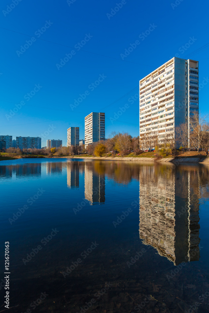Modern apartment houses near pond, Moscow