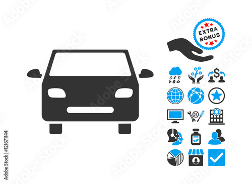 Car pictograph with bonus pictogram. Vector illustration style is flat iconic bicolor symbols, blue and gray colors, white background.