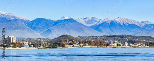 View from Sochi from sea side, mountain of Caucasian ridge on the background photo