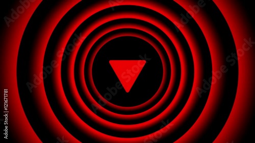 Falling arrow sign surrounded by red blurred circles - visual illusion. 3D rendering seamless looping animation 3840x2160, 4k.