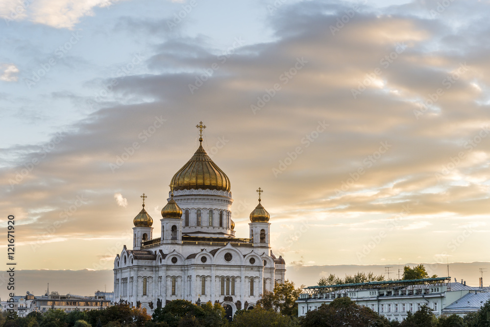 The Cathedral of Christ the Saviour at sunset. Moscow, Russia.
