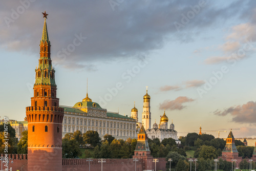 Red Moscow Kremlin at dusk, Russia