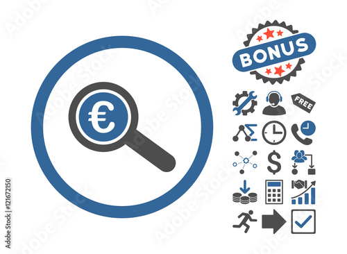 Euro Financial Audit pictograph with bonus pictogram. Vector illustration style is flat iconic bicolor symbols, cobalt and gray colors, white background.