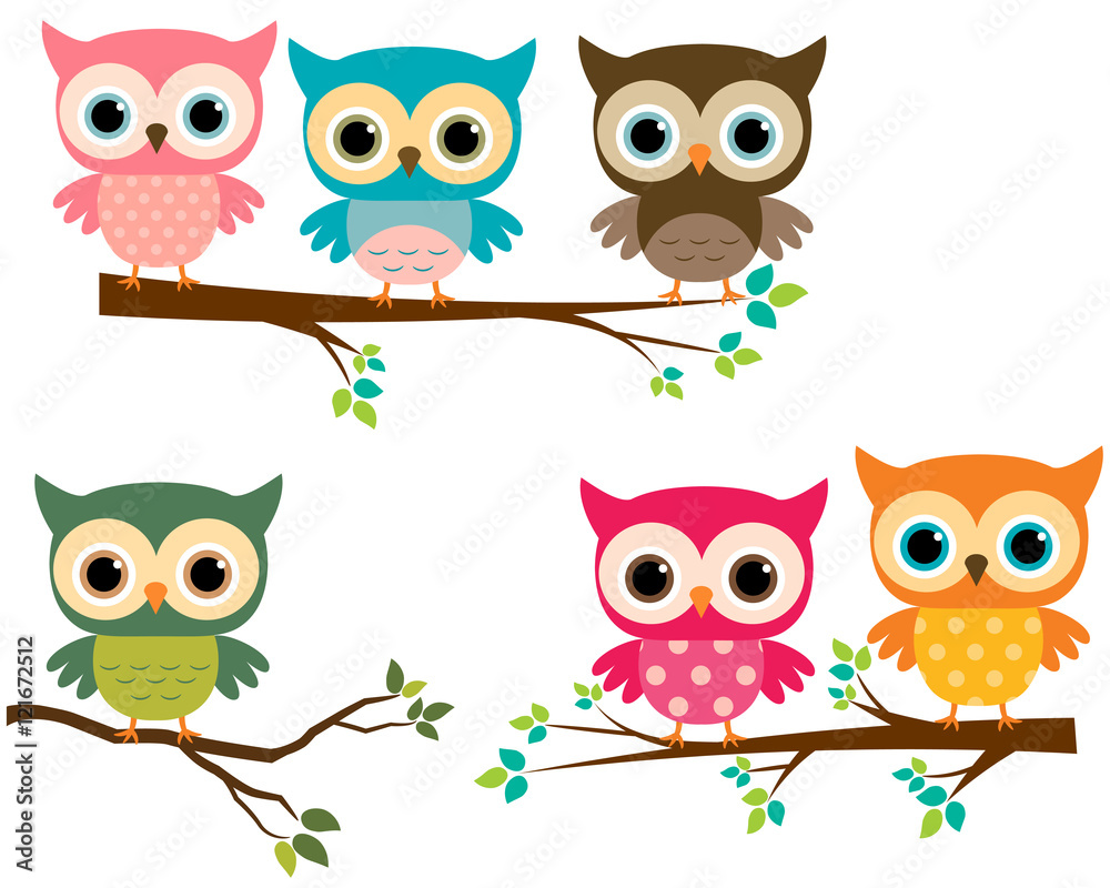 Fototapeta premium Vector Collection of Cute Cartoon Owls and Tree Branches