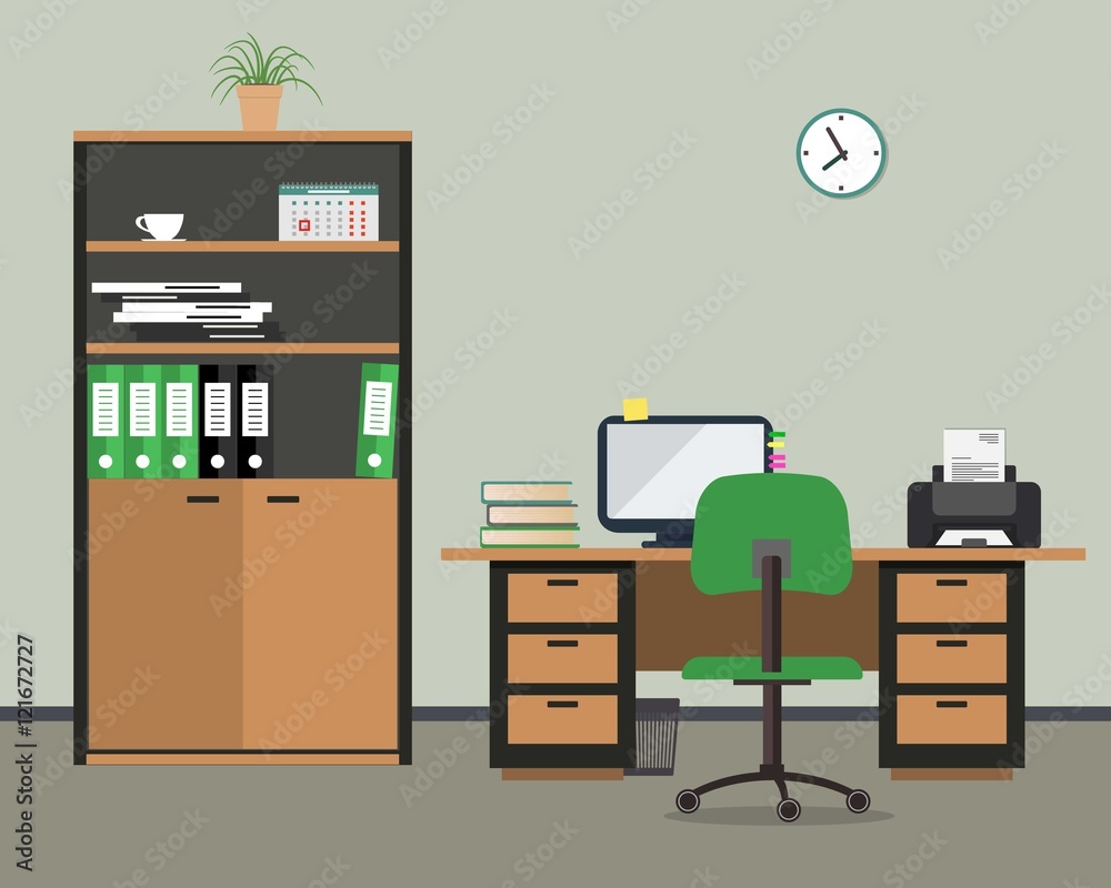 Workplace of office worker. There is the case for documents, desktop, a