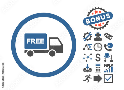 Free Delivery pictograph with bonus pictures. Vector illustration style is flat iconic bicolor symbols, cobalt and gray colors, white background.