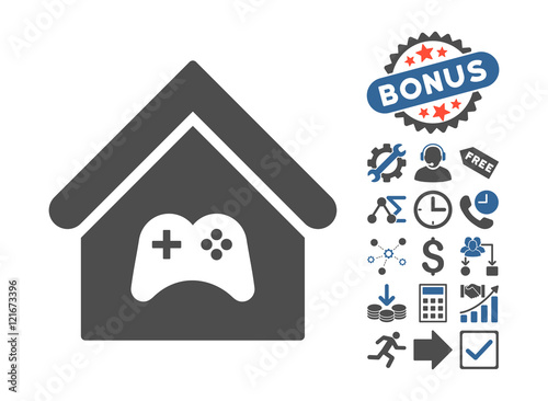 Game Center Building icon with bonus elements. Vector illustration style is flat iconic bicolor symbols, cobalt and gray colors, white background.