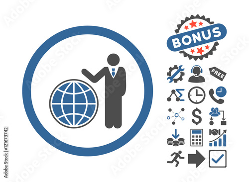 Global Manager pictograph with bonus pictures. Vector illustration style is flat iconic bicolor symbols, cobalt and gray colors, white background.