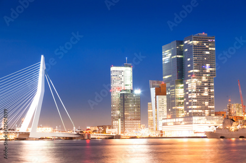 Close up to Erasmus bridge Rotterdam at night