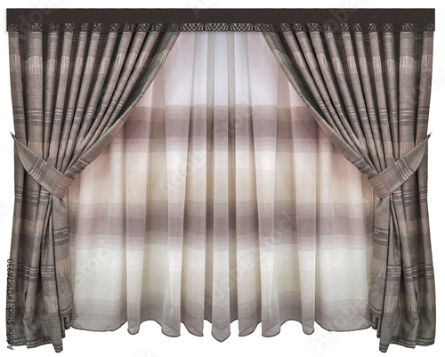 Classic interior design. Dense striped curtains of the wool  a tulle - companion and the openwork pelmet. Isolated on white background