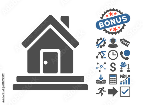 House Front Door pictograph with bonus images. Vector illustration style is flat iconic bicolor symbols, cobalt and gray colors, white background.