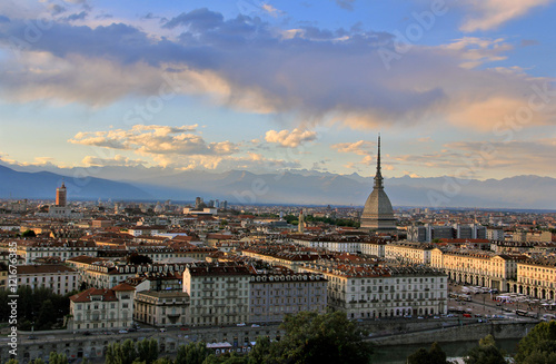 Sunset over the Turin city center with Mole Antonelliana, Turin,Italy,Europe photo