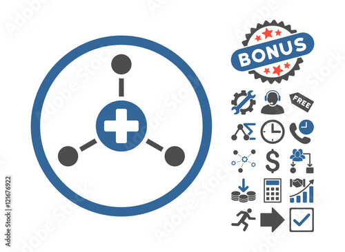 Medical Center pictograph with bonus design elements. Vector illustration style is flat iconic bicolor symbols, cobalt and gray colors, white background.