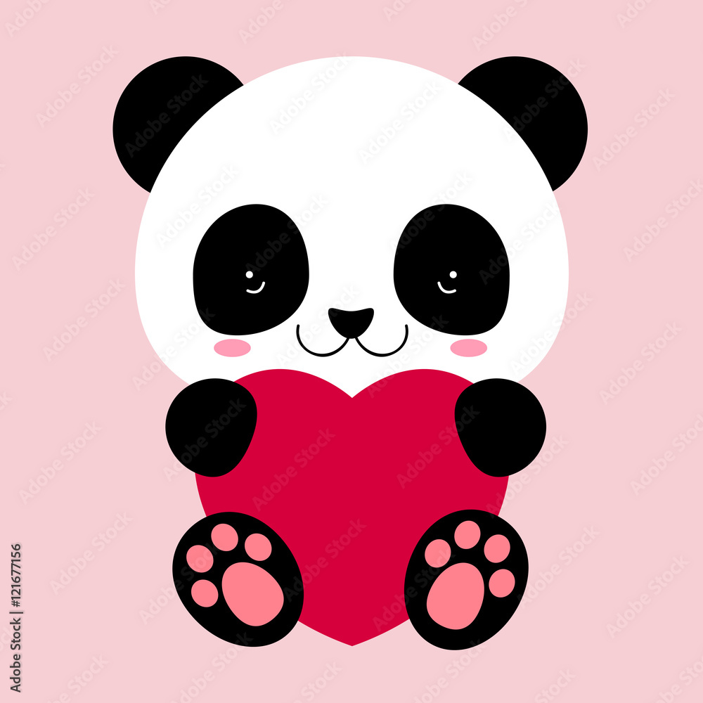 Cute Panda holds big heart. Love and friendship. Congratulation ...