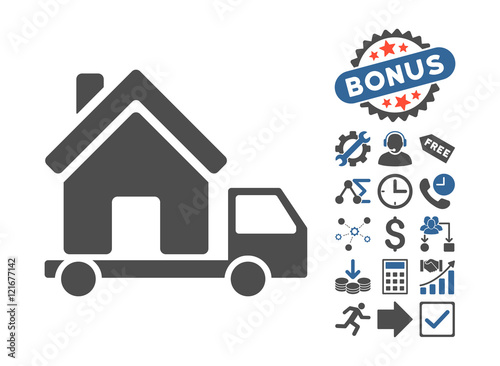 Mobile House pictograph with bonus clip art. Vector illustration style is flat iconic bicolor symbols, cobalt and gray colors, white background.