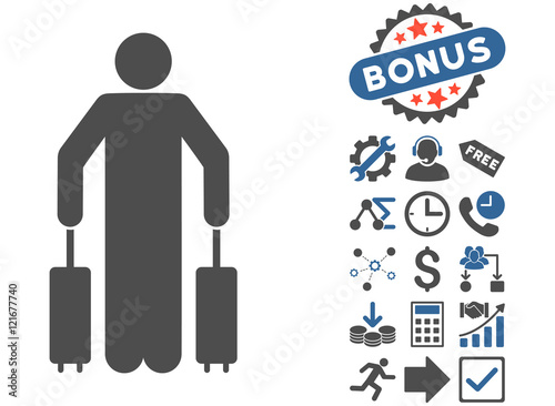 Passenger Baggage icon with bonus elements. Vector illustration style is flat iconic bicolor symbols, cobalt and gray colors, white background.