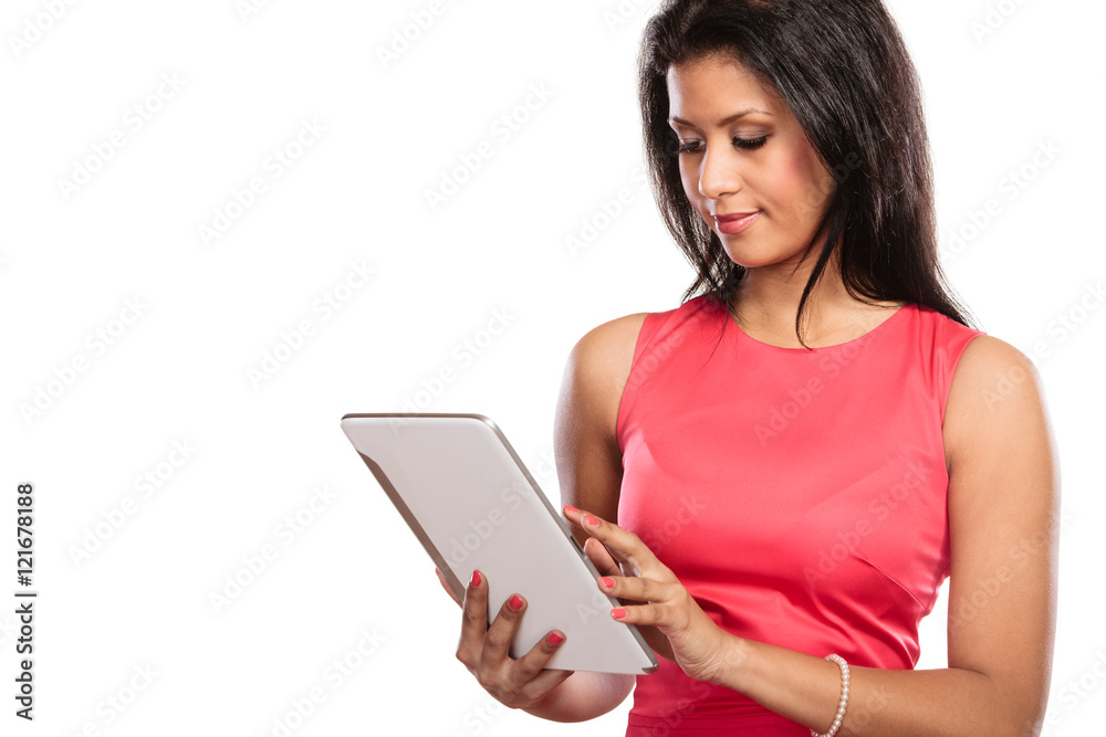 Mixed race african woman using pc tablet. Mixed race african woman using pc tablet.