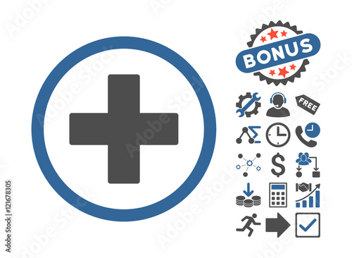 Plus icon with bonus design elements. Vector illustration style is flat iconic bicolor symbols, cobalt and gray colors, white background.