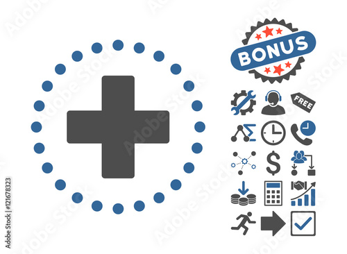 Plus pictograph with bonus pictograph collection. Vector illustration style is flat iconic bicolor symbols, cobalt and gray colors, white background.