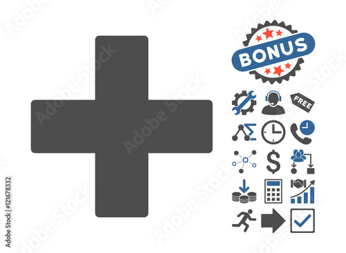 Plus pictograph with bonus pictograph collection. Vector illustration style is flat iconic bicolor symbols, cobalt and gray colors, white background.