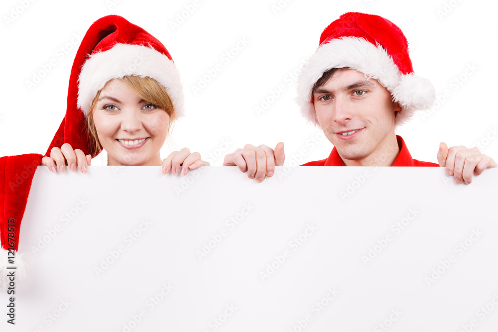 Couple with blank empty banner board. Christmas Couple with blank empty banner board. Christmas