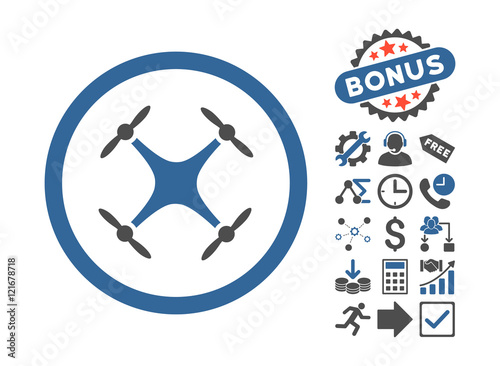 Quadcopter icon with bonus pictures. Vector illustration style is flat iconic bicolor symbols, cobalt and gray colors, white background.