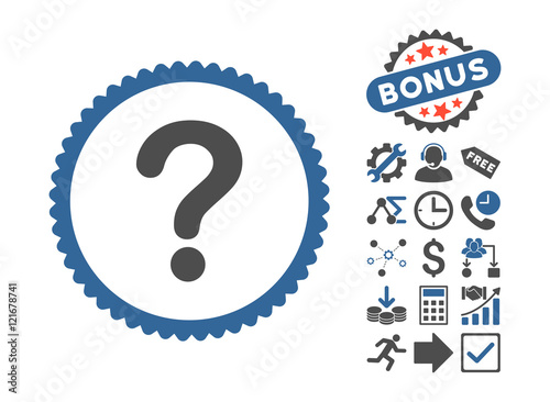 Question icon with bonus pictures. Vector illustration style is flat iconic bicolor symbols, cobalt and gray colors, white background.