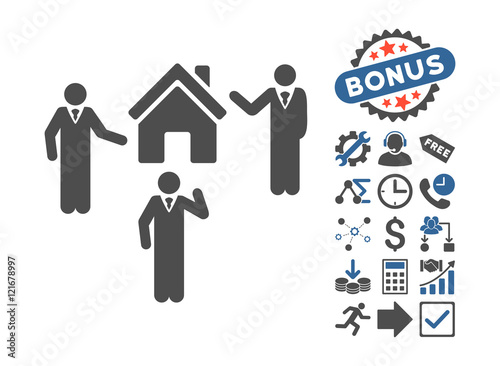 Realty Discuss Persons pictograph with bonus images. Vector illustration style is flat iconic bicolor symbols, cobalt and gray colors, white background.