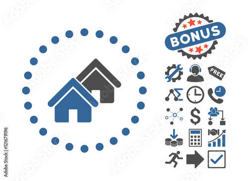 Realty icon with bonus design elements. Vector illustration style is flat iconic bicolor symbols, cobalt and gray colors, white background.