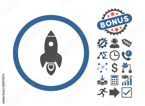 Rocket Start icon with bonus elements. Vector illustration style is flat iconic bicolor symbols, cobalt and gray colors, white background.