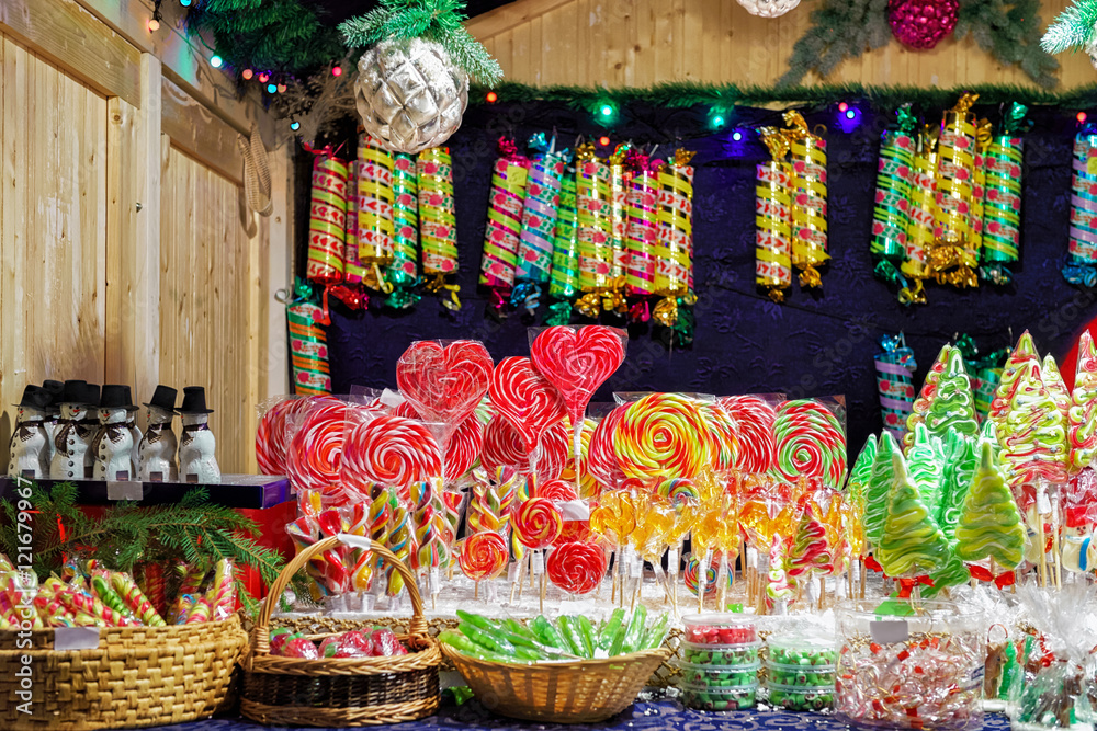 Stall with colorful candies on the Vilnius Christmas Market
